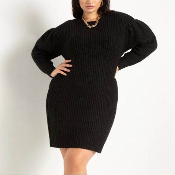 Eloquii Dresses & Skirts - Eloquii Black Knit Open Back Puff Sleeve Sweater Dress 18/20